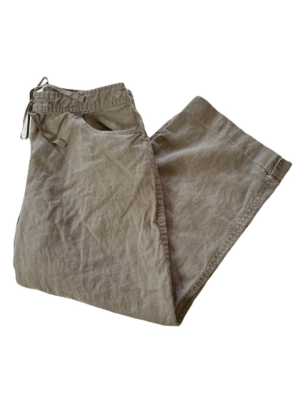 J Jill Women's 10 Taupe 100% Linen Crop Wide Leg Drawstring Pull-On Pants